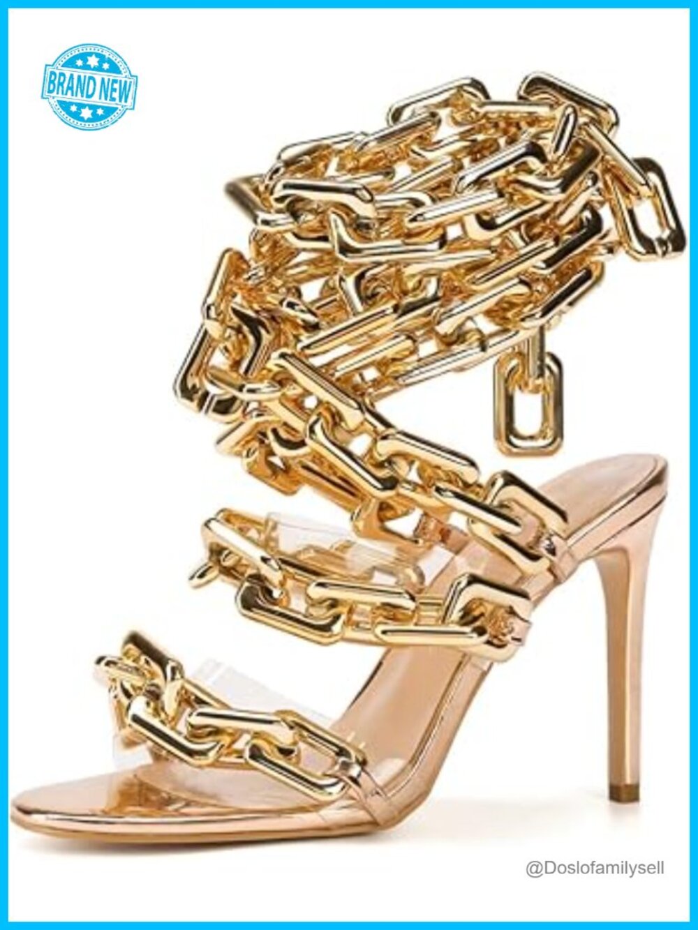 Lace Up Gold Link Chain Clear PVC Stiletto Heeled Sandals